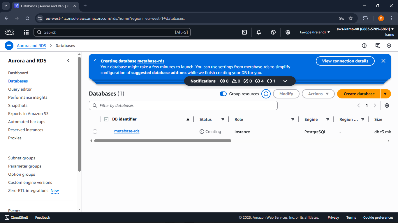 RDS database with ECS and Metabase docker Image